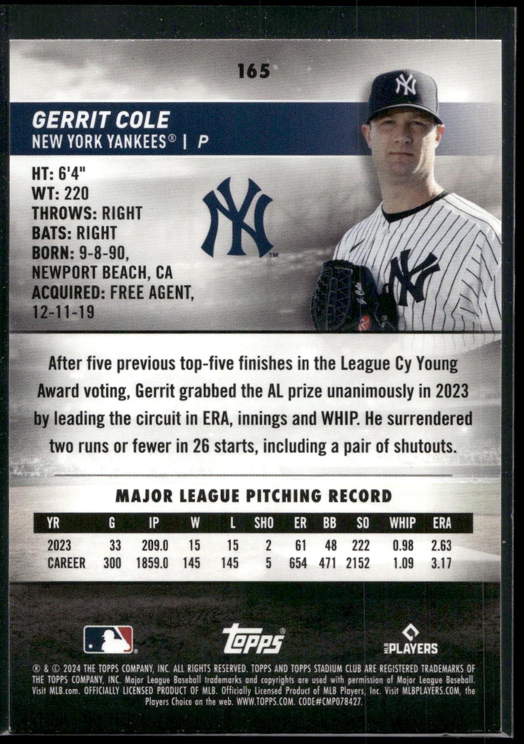 2024 Stadium Club #165 Gerrit Cole