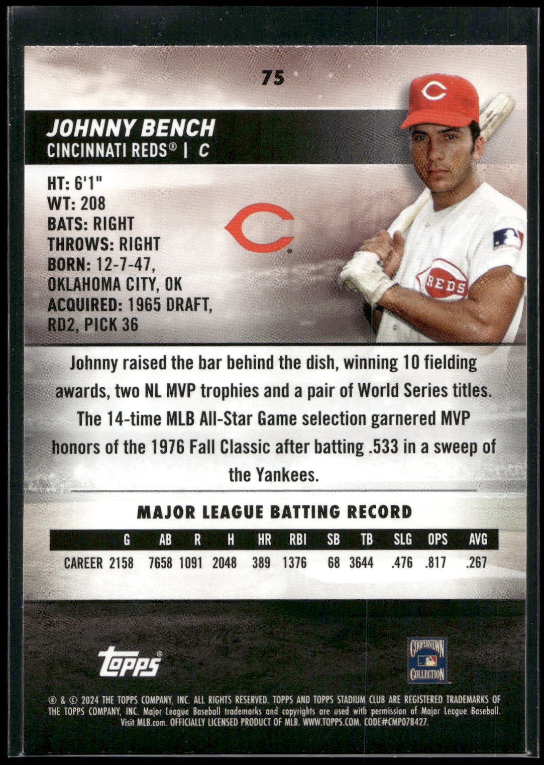2024 Stadium Club #75 Johnny Bench