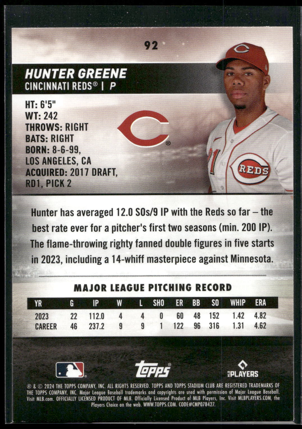 2024 Stadium Club #92 Hunter Greene