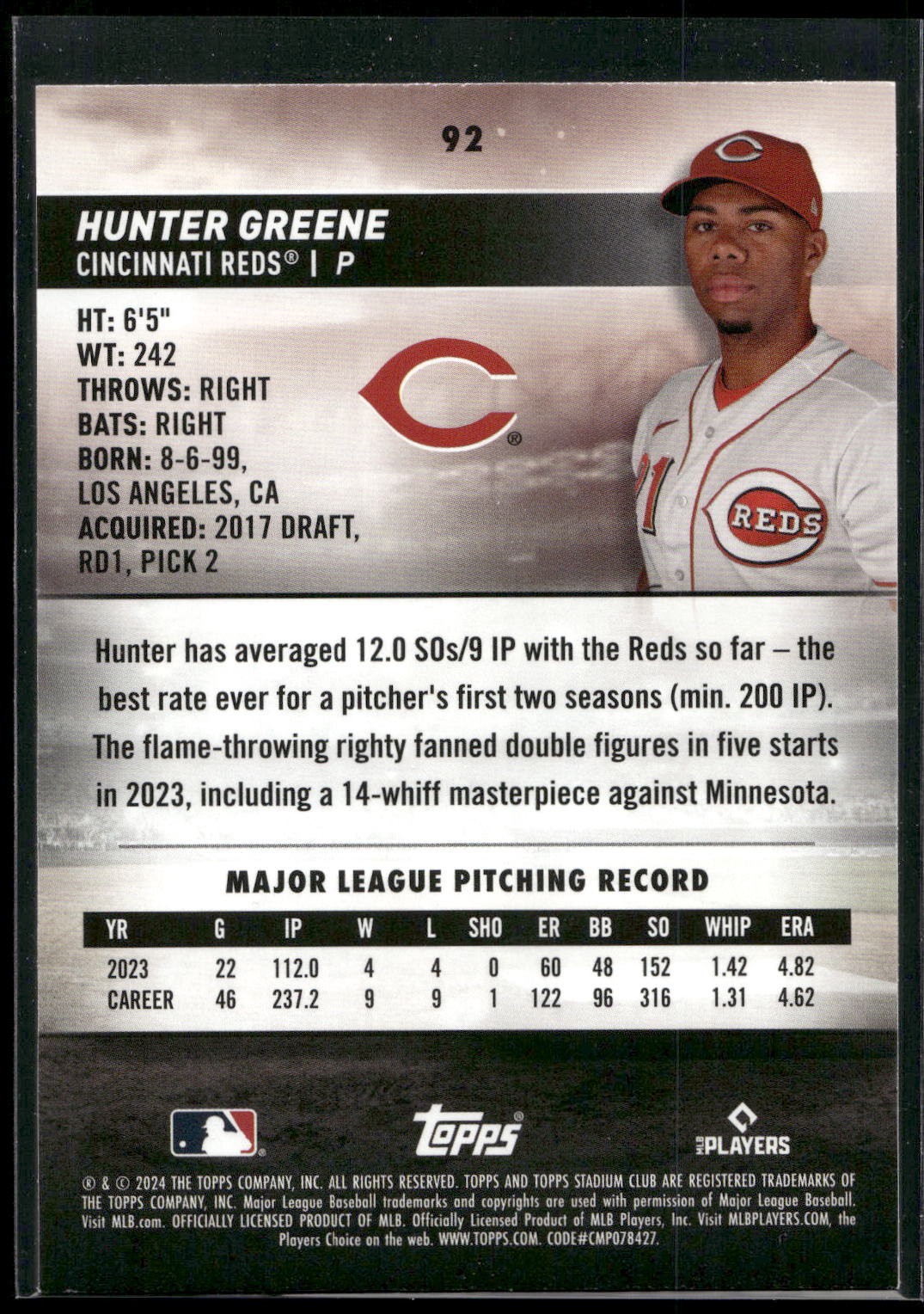 2024 Stadium Club #92 Hunter Greene