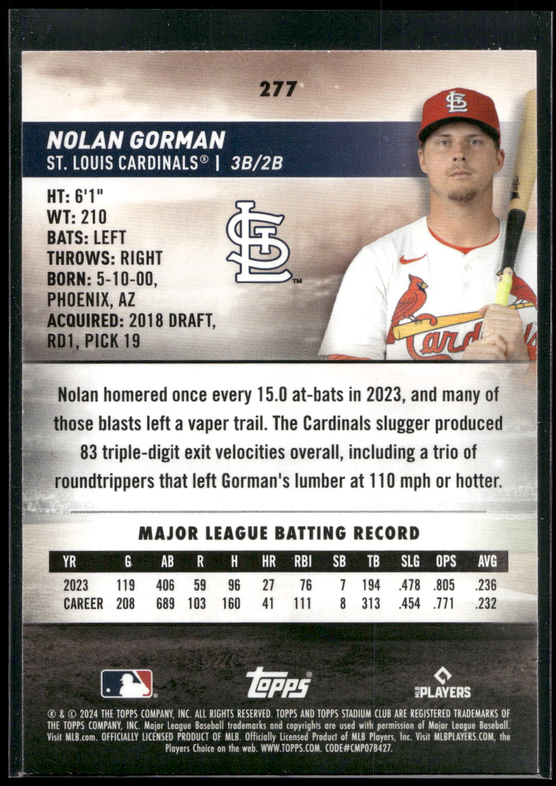 2024 Stadium Club #277 Nolan Gorman