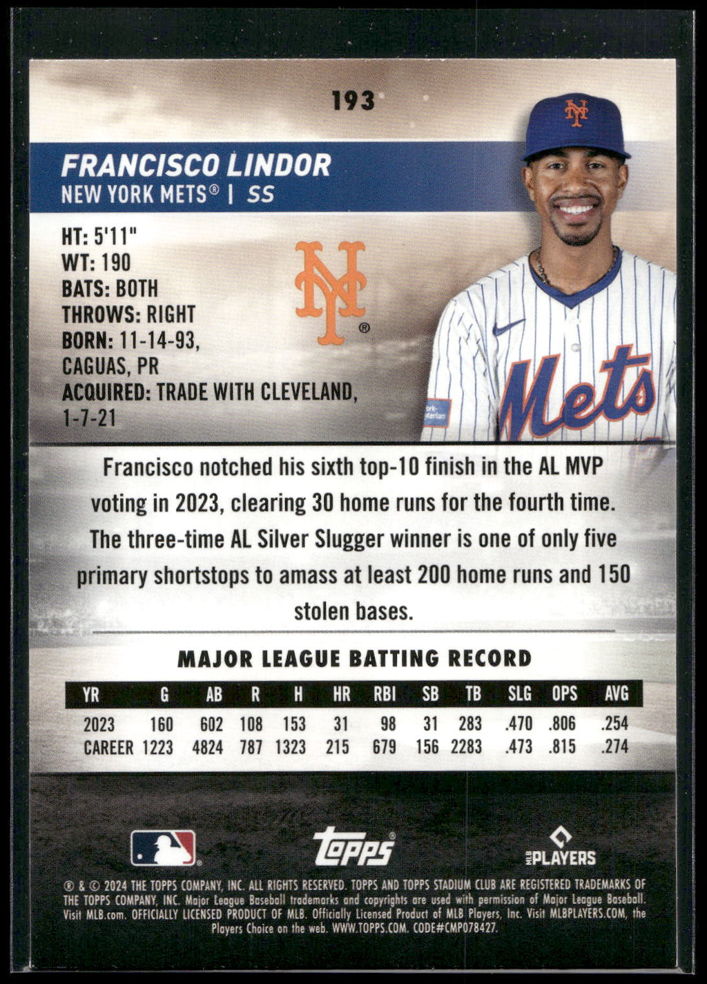 2024 Stadium Club #193 Francisco Lindor