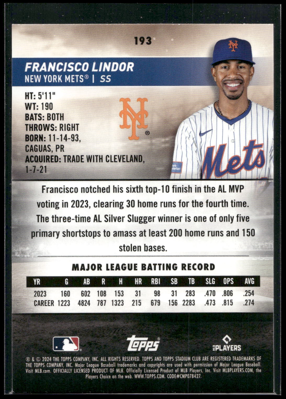 2024 Stadium Club #193 Francisco Lindor