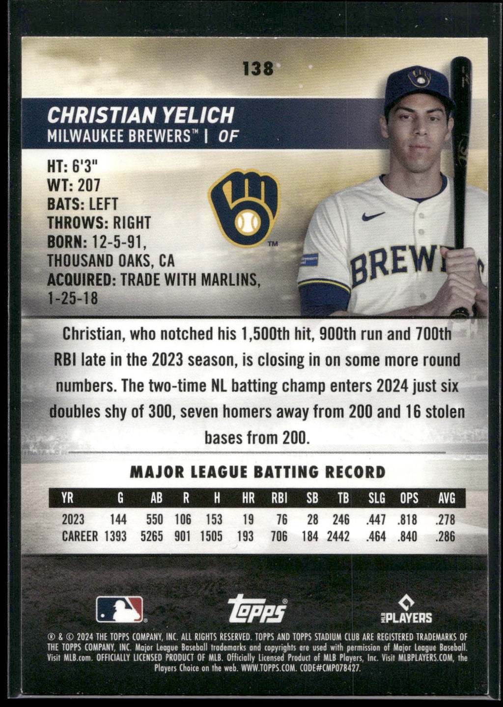 2024 Stadium Club #138 Christian Yelich