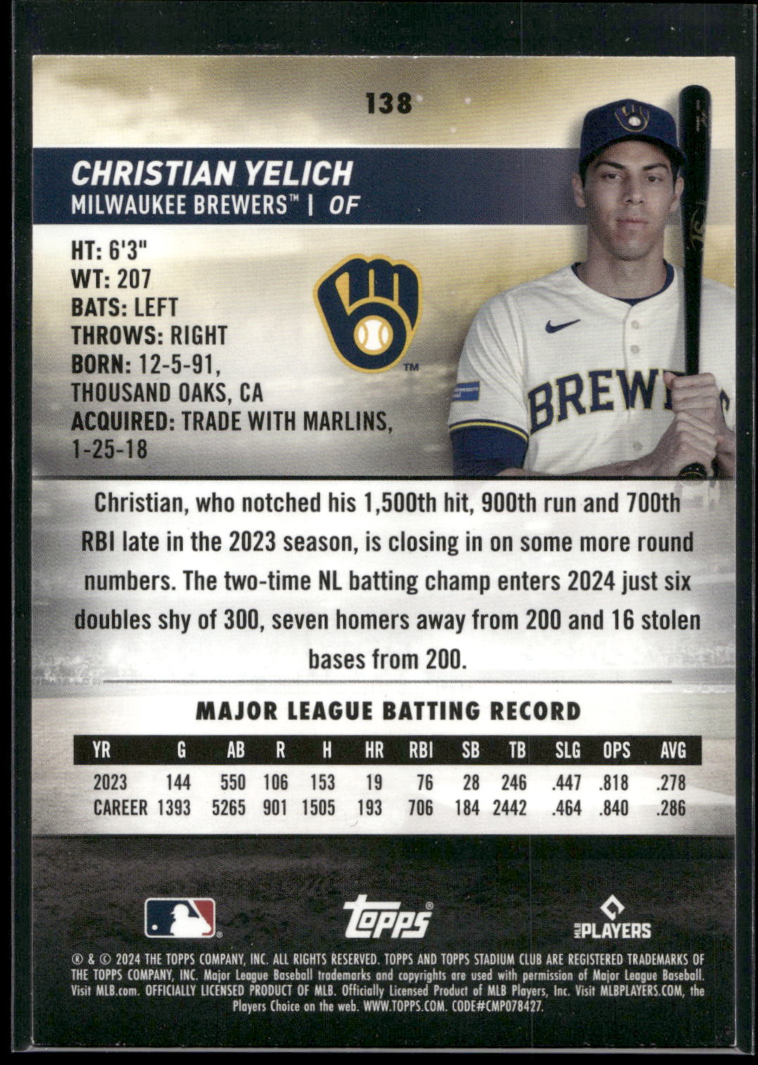 2024 Stadium Club #138 Christian Yelich