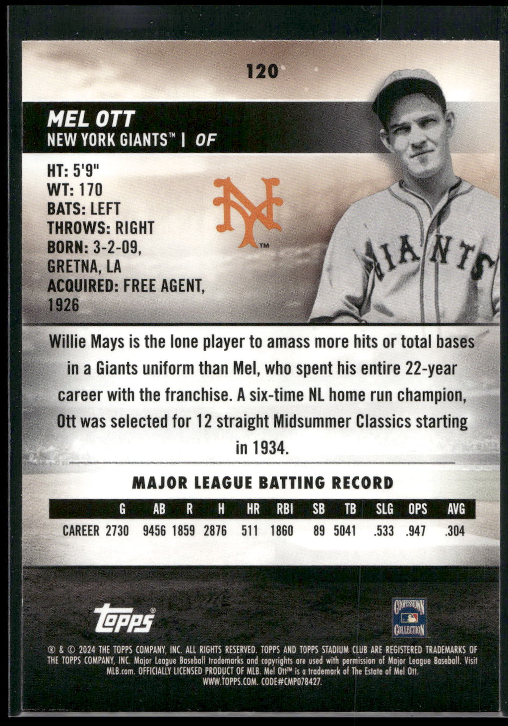 2024 Stadium Club #120 Mel Ott