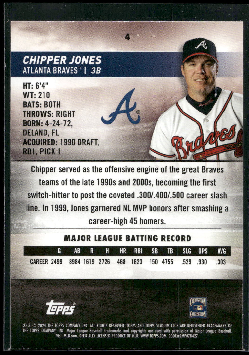 2024 Stadium Club #4 Chipper Jones