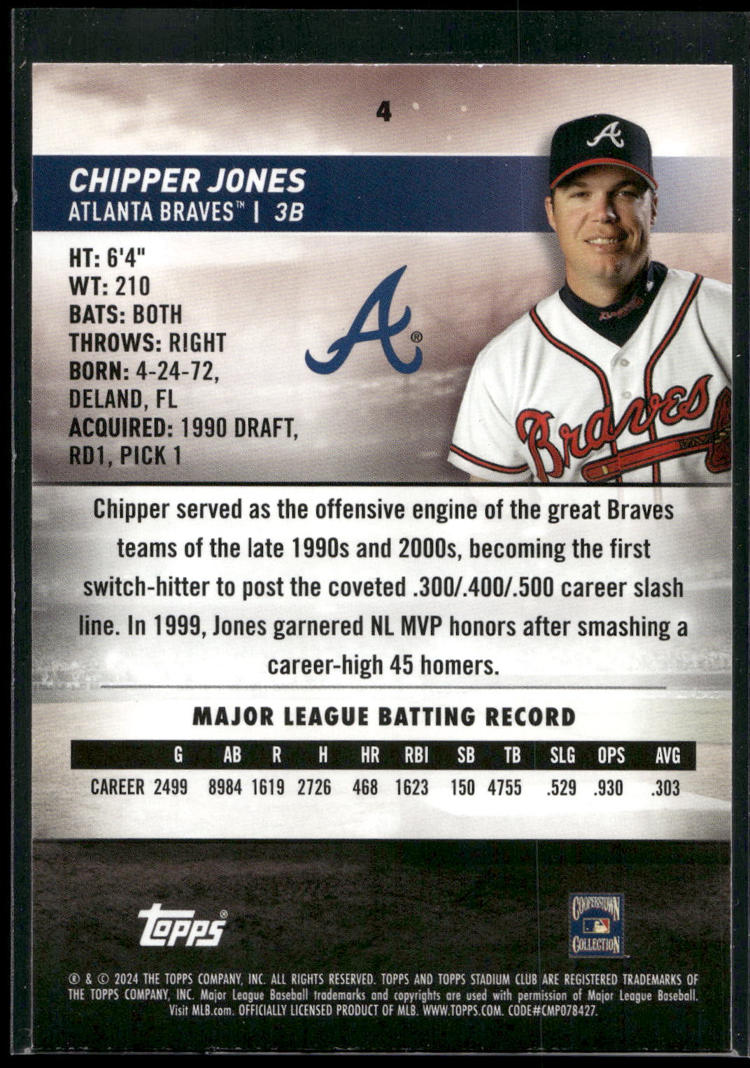 2024 Stadium Club #4 Chipper Jones