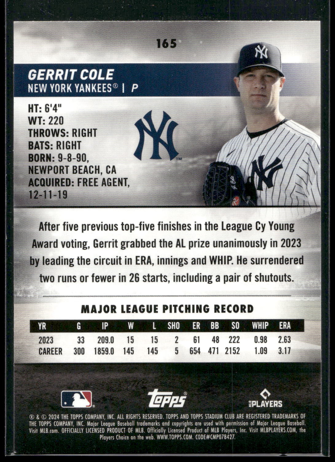 2024 Stadium Club #165 Gerrit Cole