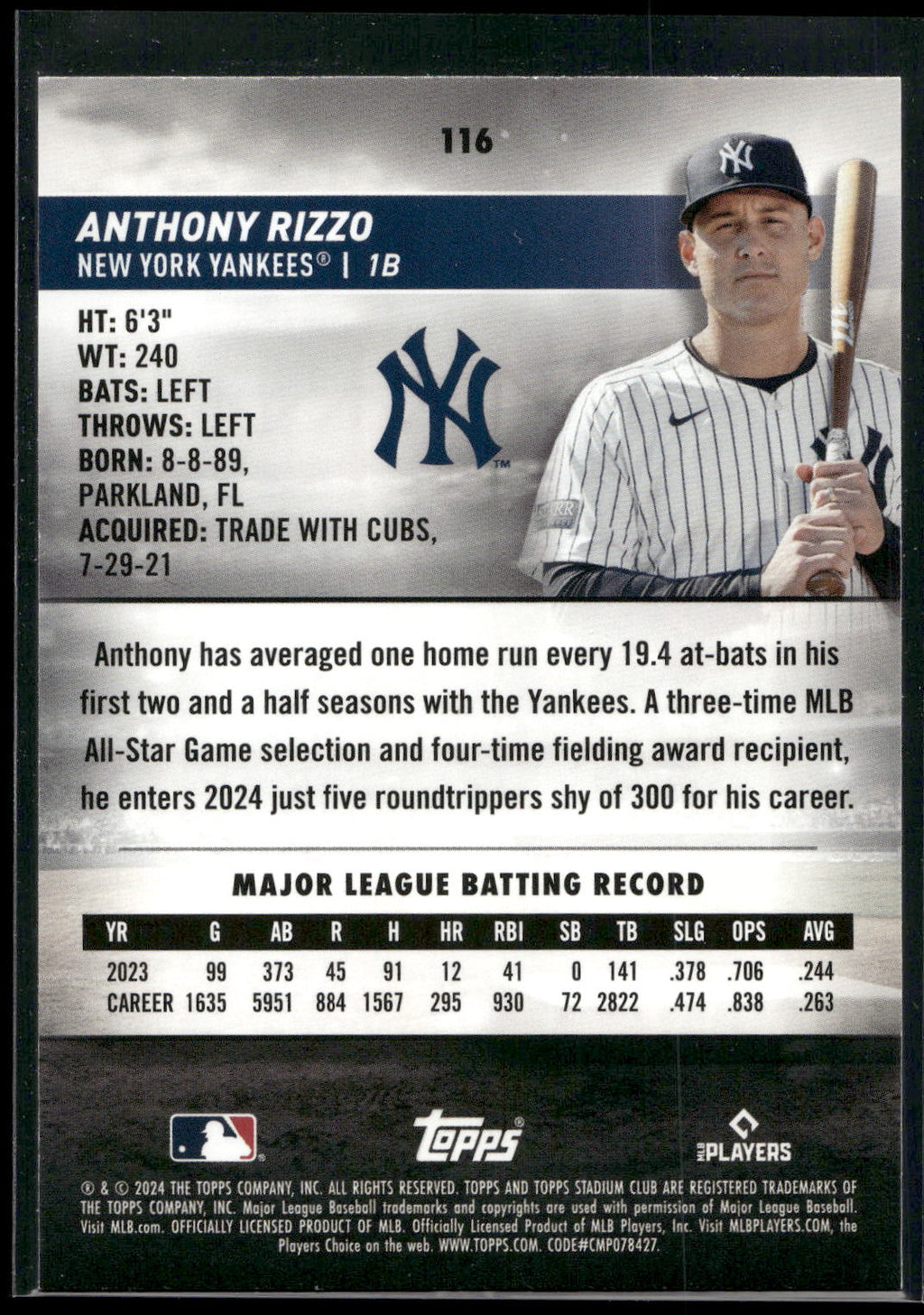 2024 Stadium Club #116 Anthony Rizzo