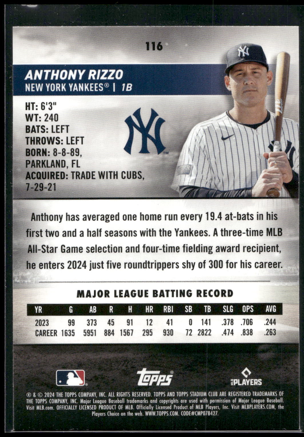 2024 Stadium Club #116 Anthony Rizzo