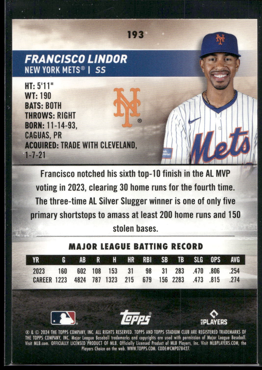 2024 Stadium Club #193 Francisco Lindor