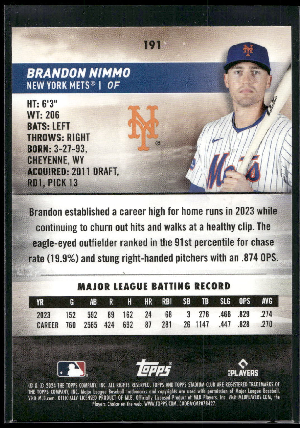 2024 Stadium Club #191 Brandon Nimmo