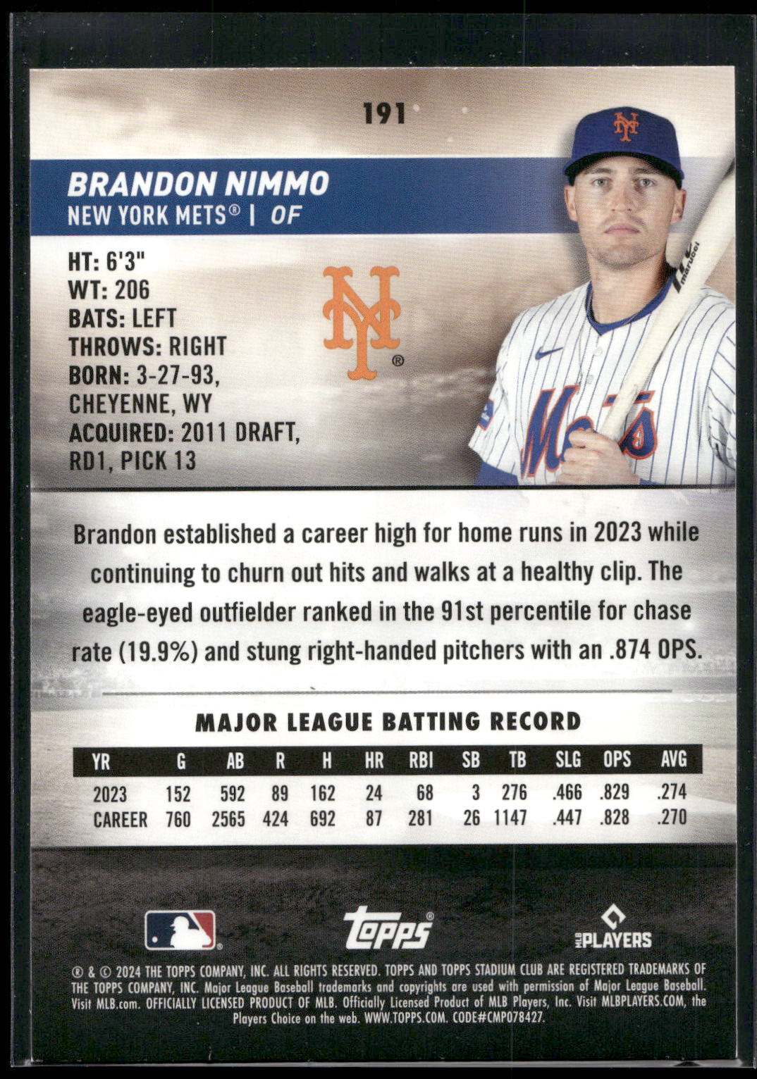 2024 Stadium Club #191 Brandon Nimmo