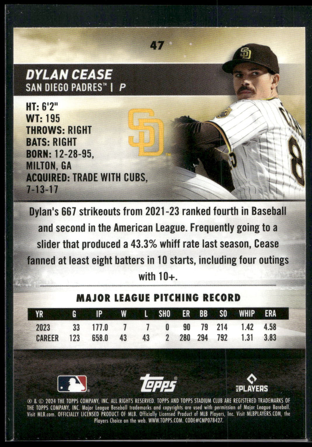 2024 Stadium Club #47 Dylan Cease