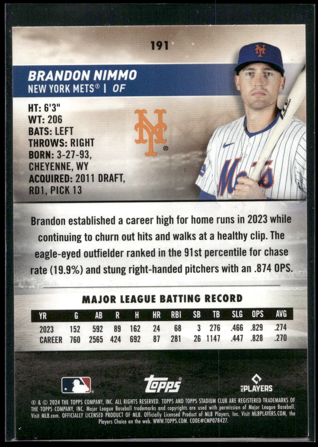 2024 Stadium Club #191 Brandon Nimmo