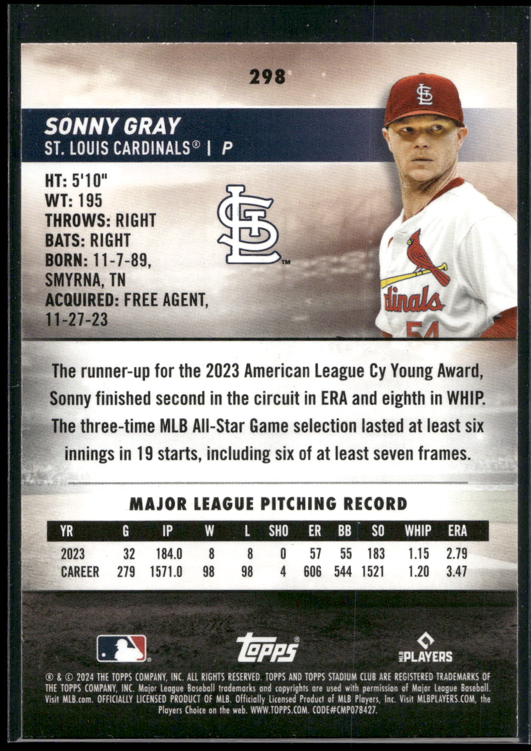 2024 Stadium Club #298 Sonny Gray