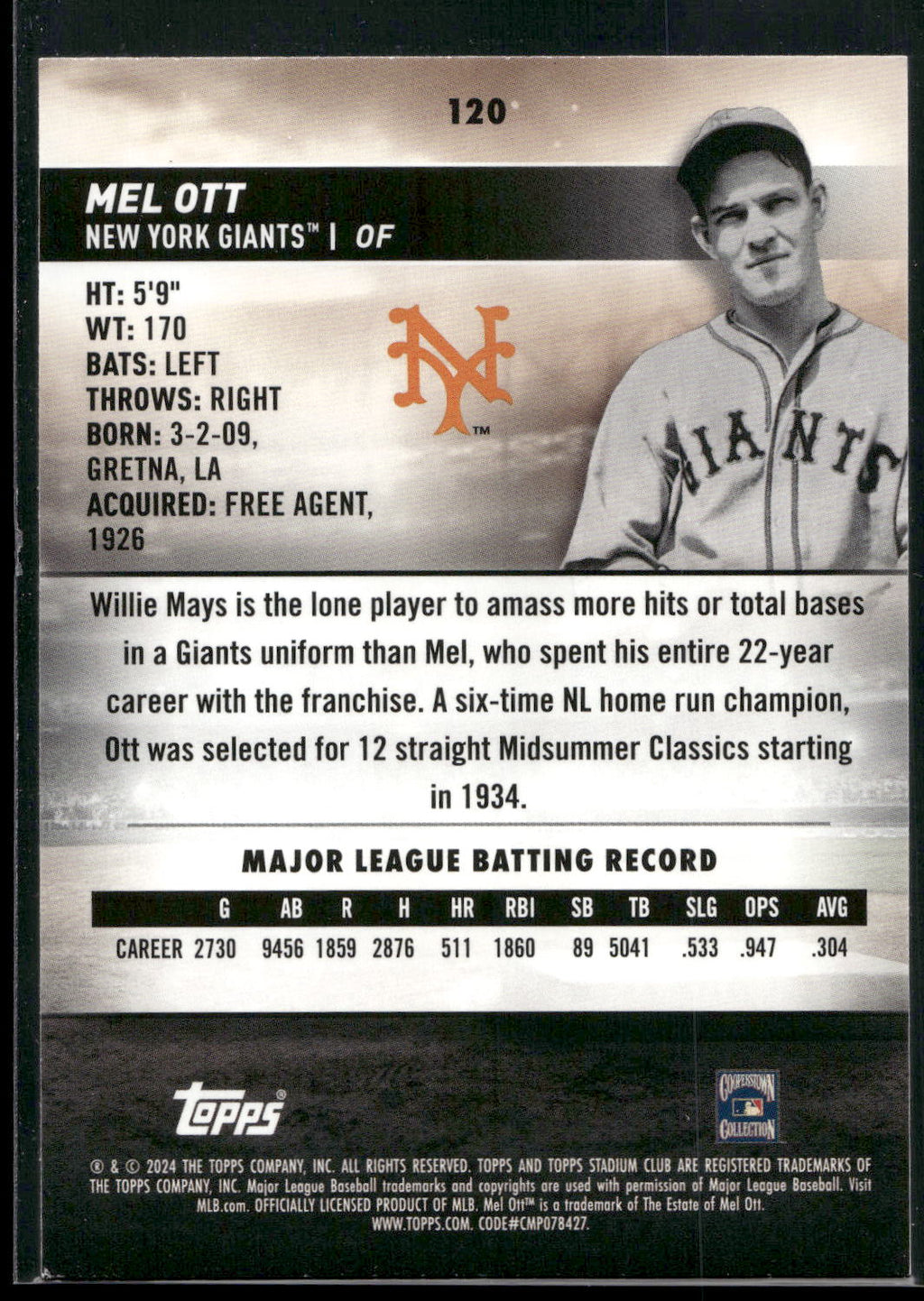 2024 Stadium Club #120 Mel Ott
