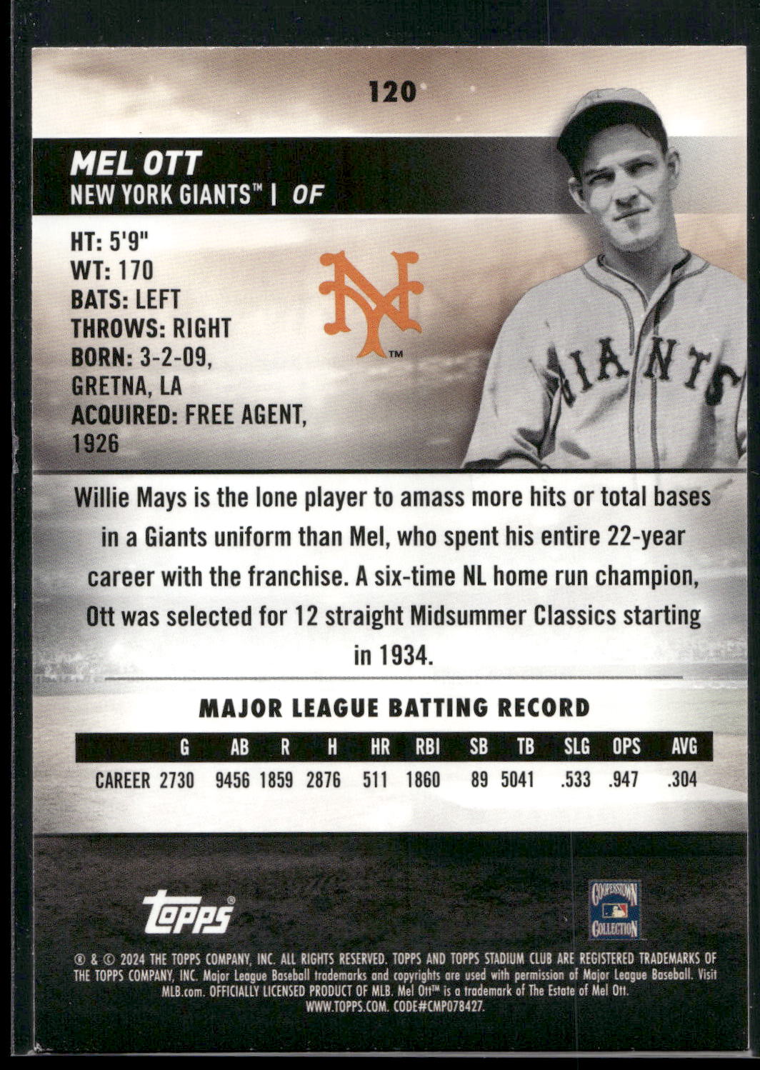 2024 Stadium Club #120 Mel Ott