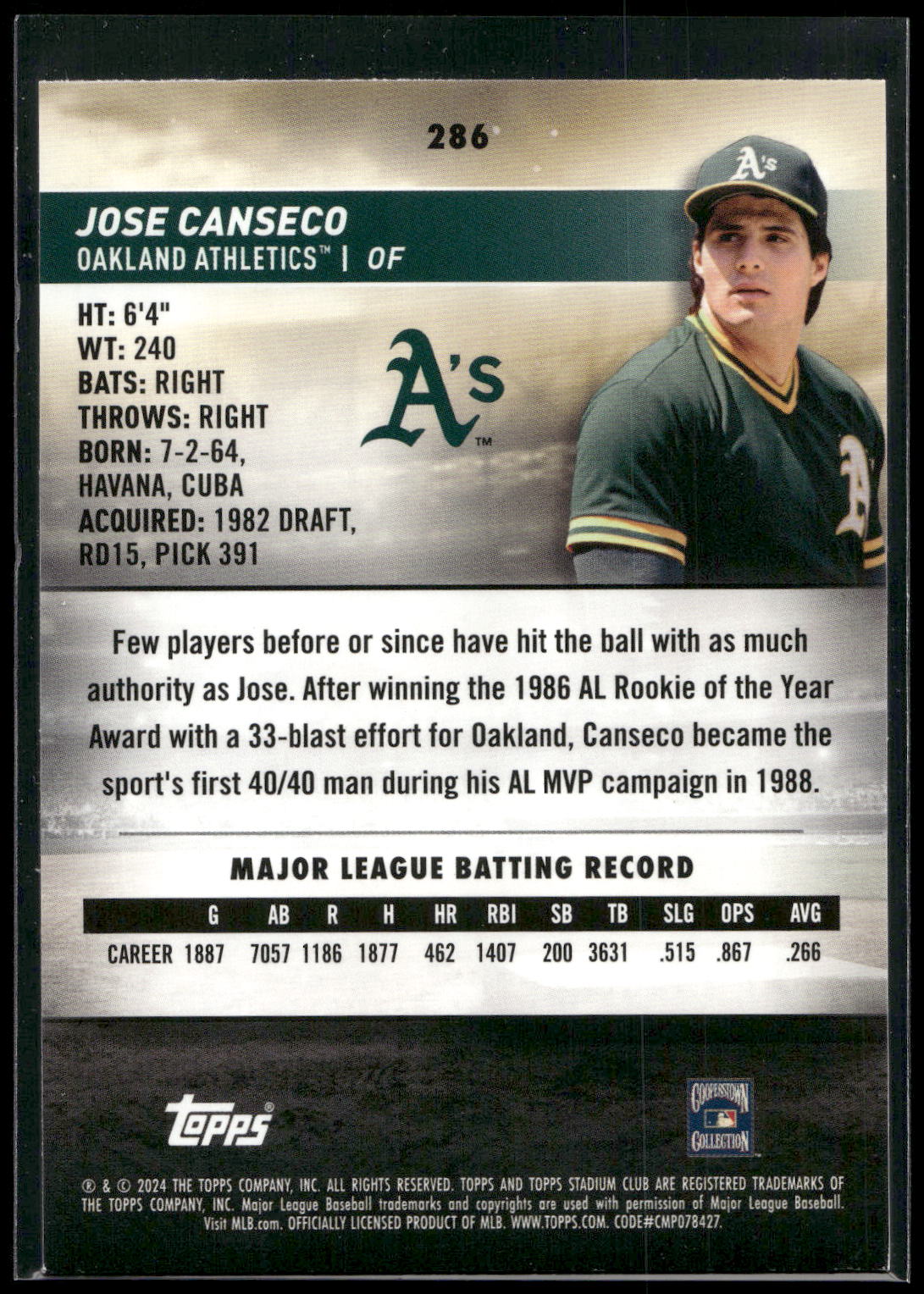 2024 Stadium Club #286 Jose Canseco