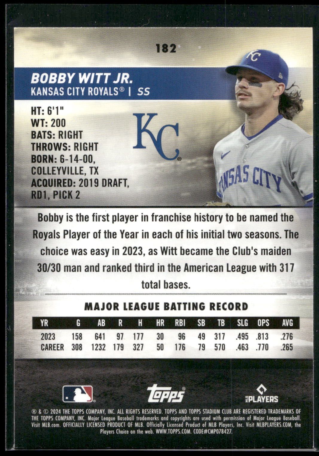 2024 Stadium Club #182 Bobby Witt Jr.
