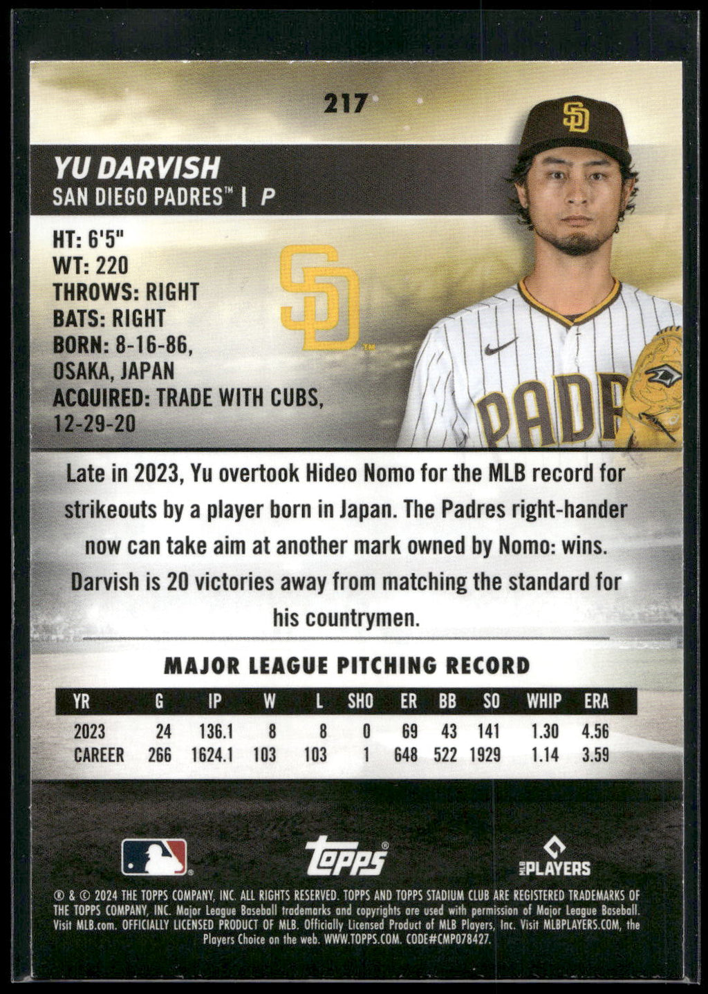 2024 Stadium Club #217 Yu Darvish