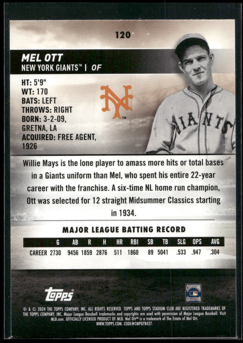 2024 Stadium Club #120 Mel Ott