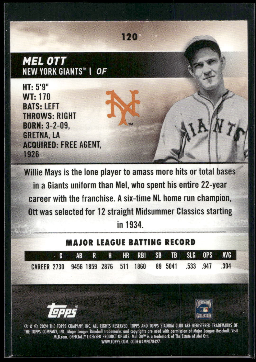 2024 Stadium Club #120 Mel Ott