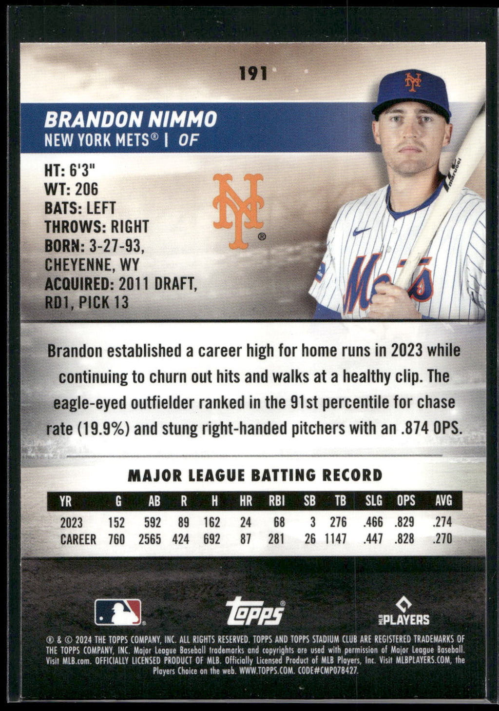 2024 Stadium Club #191 Brandon Nimmo