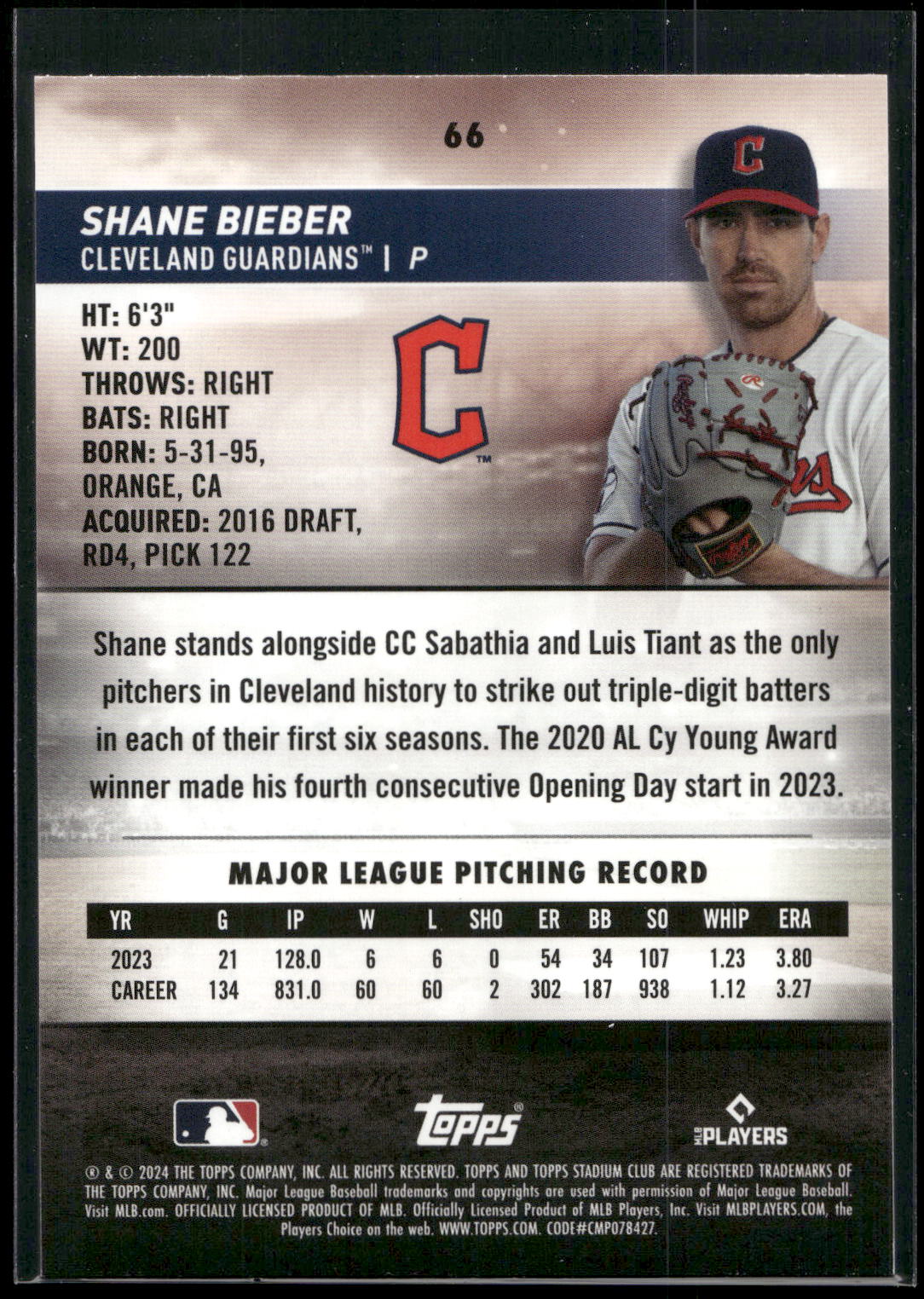 2024 Stadium Club #66 Shane Bieber
