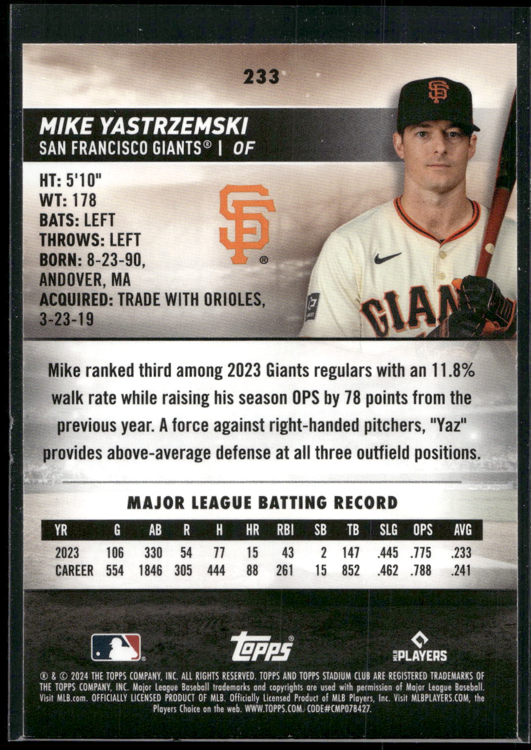 2024 Stadium Club #233 Mike Yastrzemski