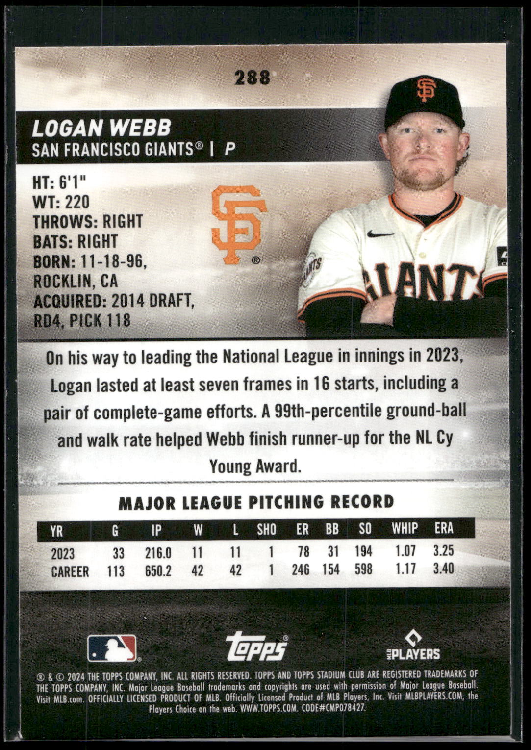 2024 Stadium Club #288 Logan Webb
