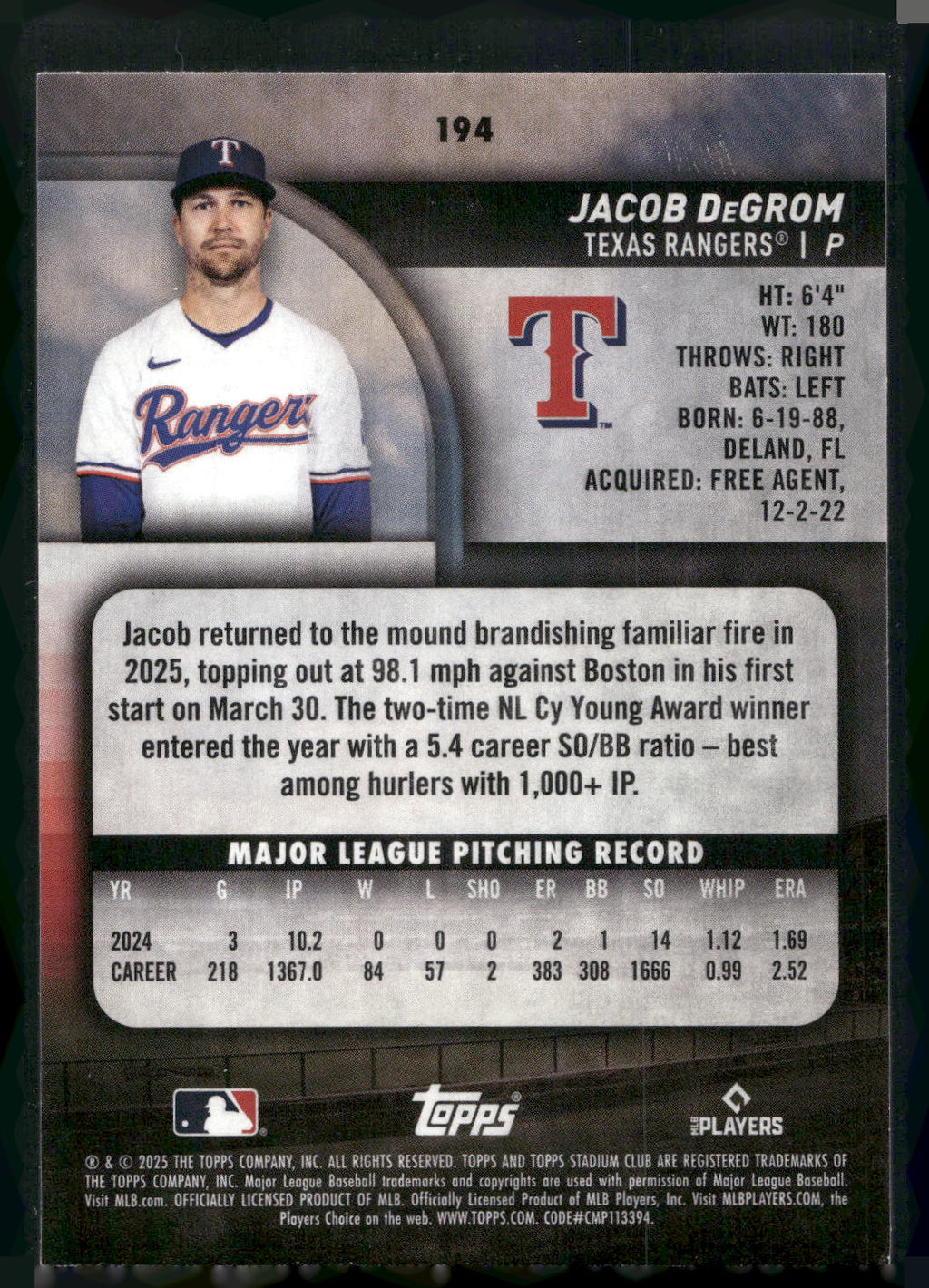 2025 Stadium Club #194 Jacob DeGrom
