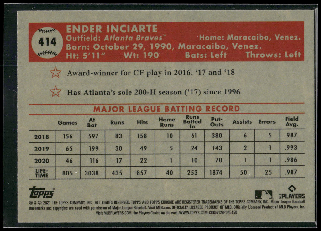 2021 Topps Chrome Platinum Anniversary #414 Ender Inciarte