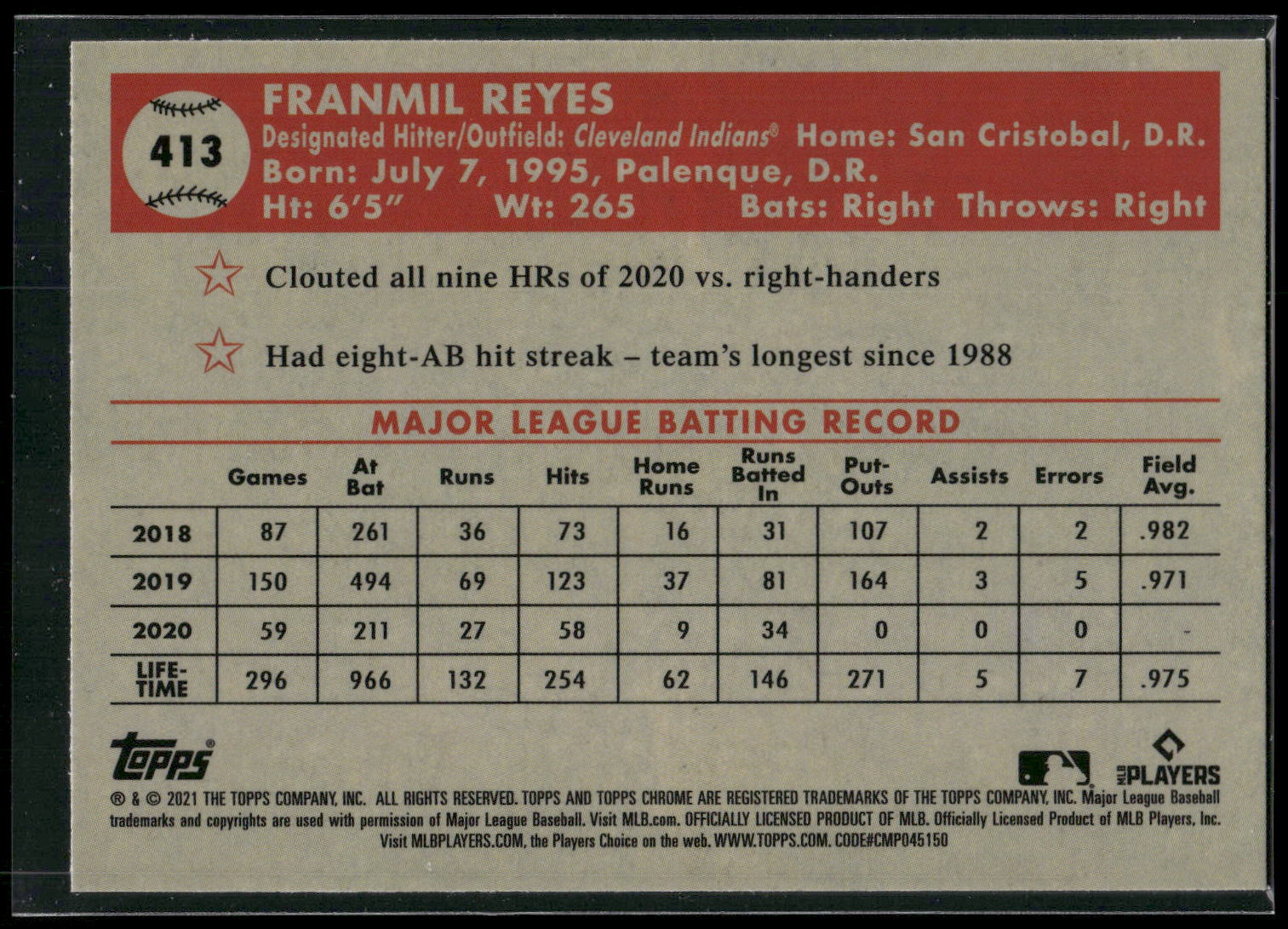 2021 Topps Chrome Platinum Anniversary #413 Franmil Reyes