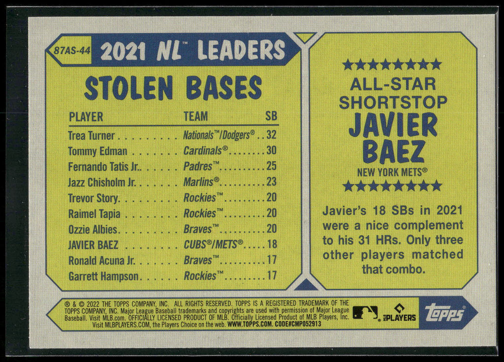 2022 Topps #87AS-44 Javier Baez 1987 Topps Baseball 35th Anniversary All-Stars