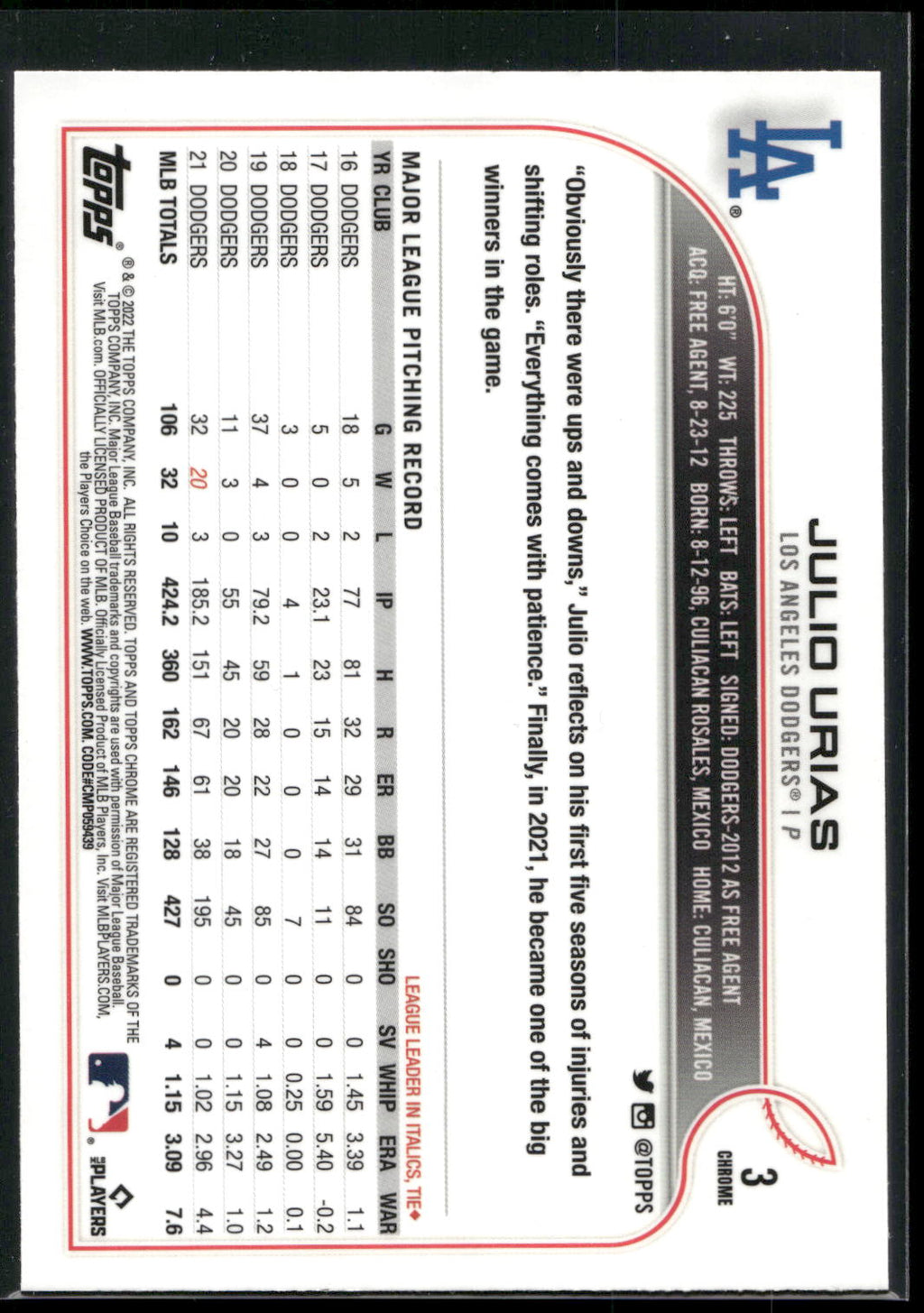 2022 Topps Chrome #3 Julio Urias