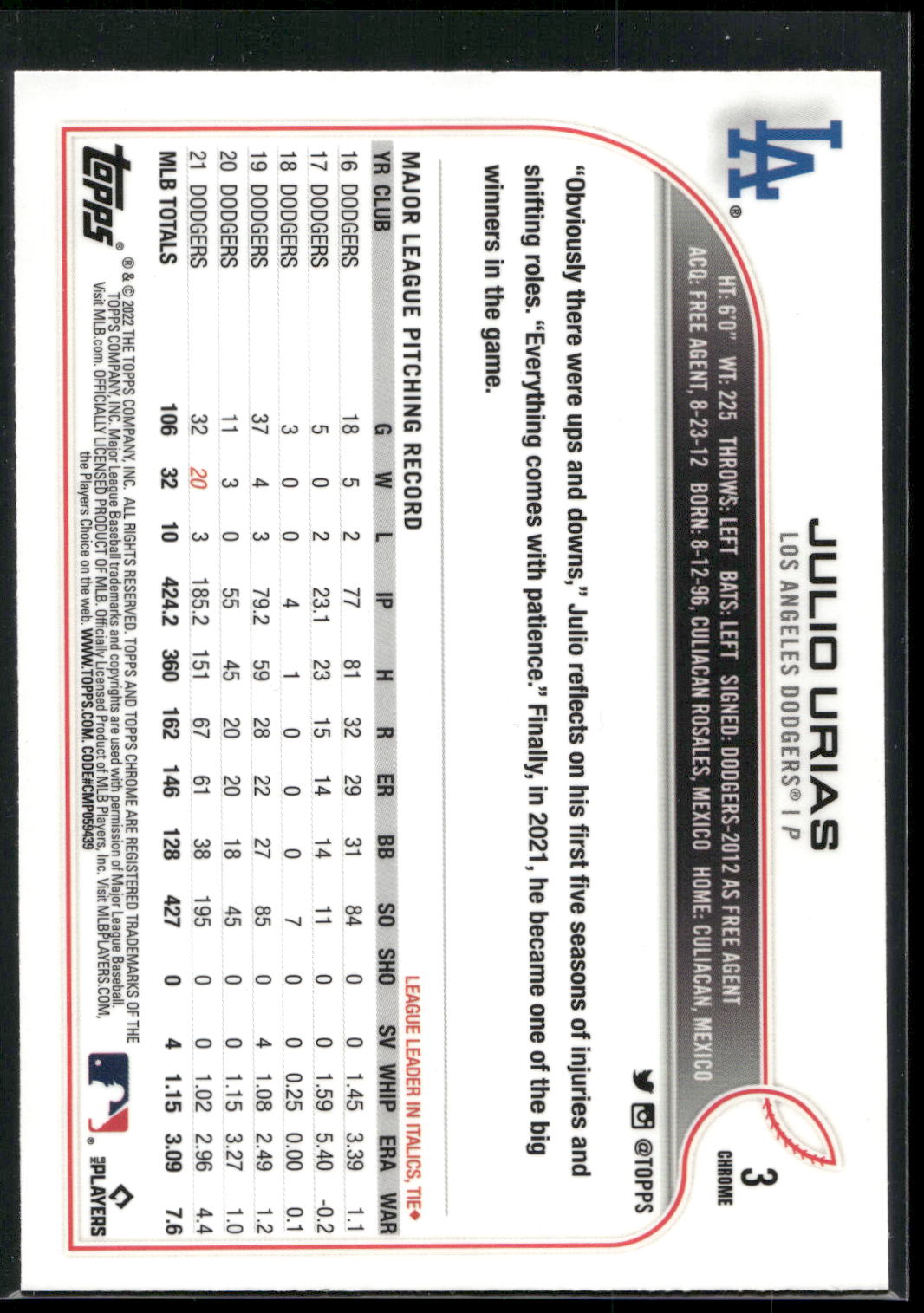 2022 Topps Chrome #3 Julio Urias