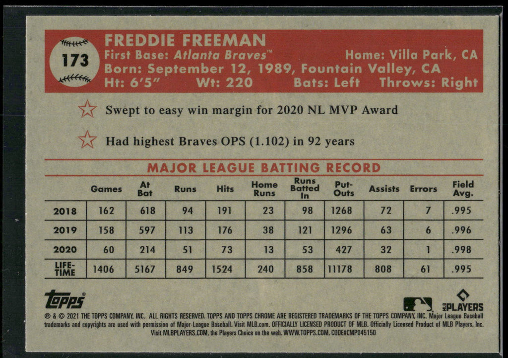 2021 Topps Chrome Platinum Anniversary #173 Freddie Freeman