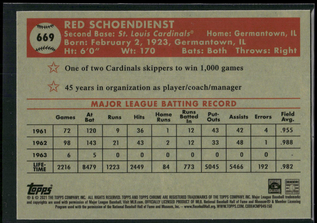 2021 Topps Chrome Platinum Anniversary #669 Red Schoendienst