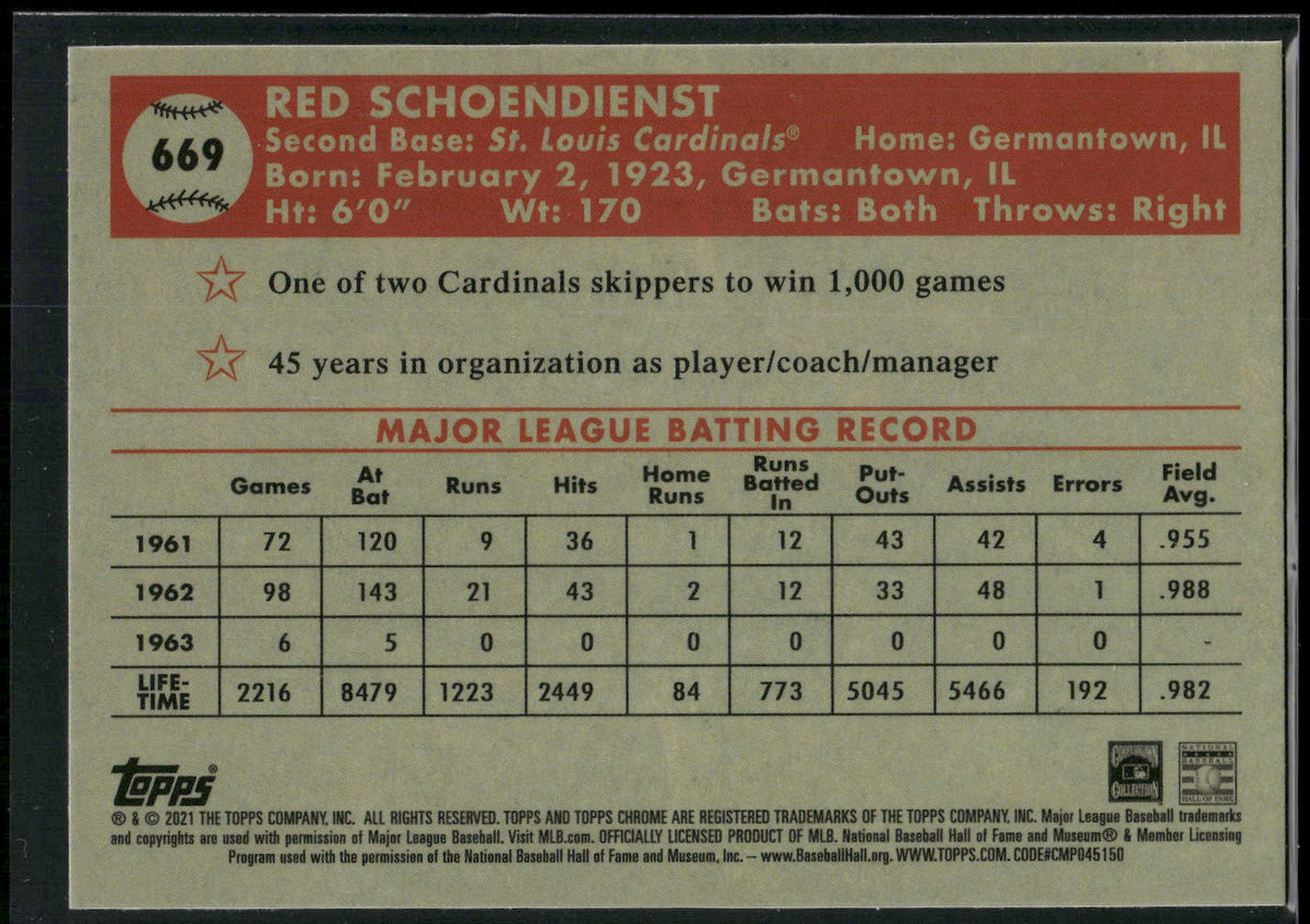 2021 Topps Chrome Platinum Anniversary #669 Red Schoendienst
