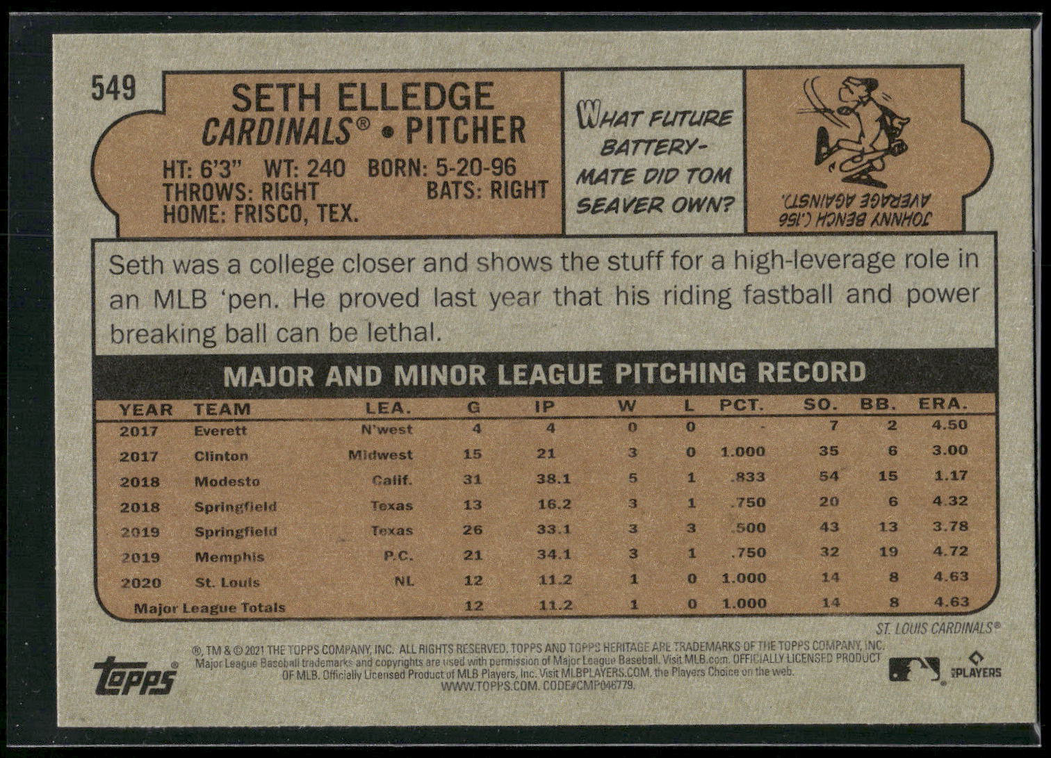 2021 Topps Heritage #549 Seth Elledge