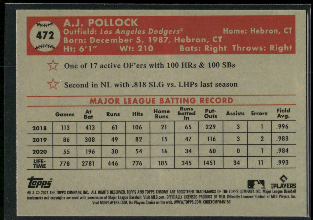 2021 Topps Chrome Platinum Anniversary #472 A.J. Pollock