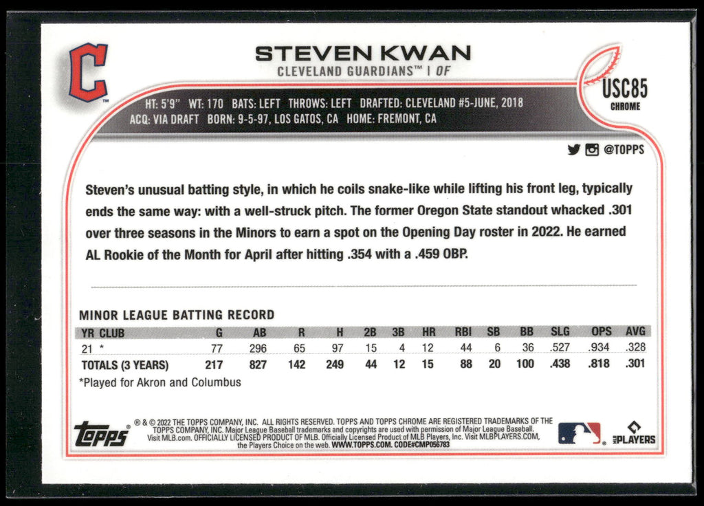 2022 Topps Chrome Update #USC85 Steven Kwan