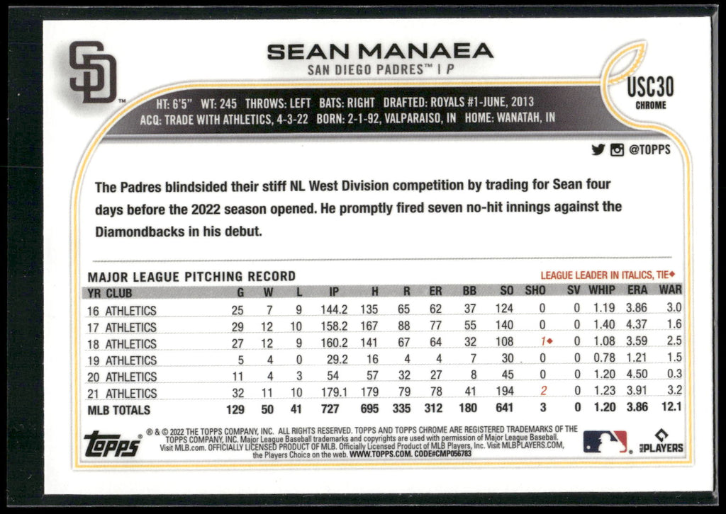 2022 Topps Chrome Update #USC30 Sean Manaea