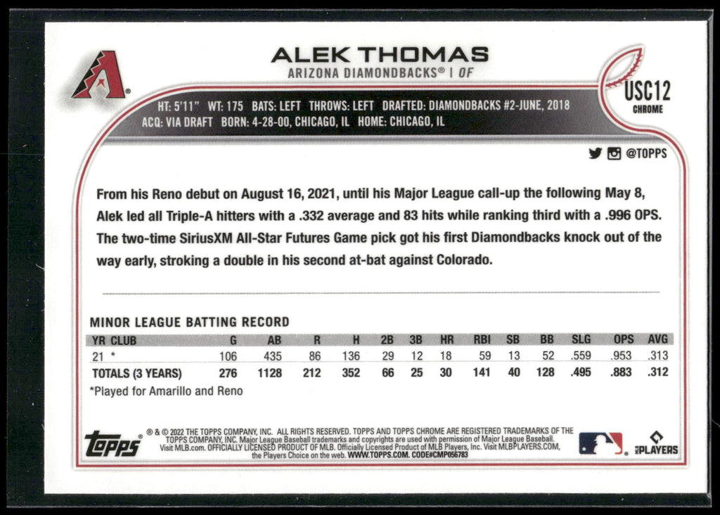 2022 Topps Chrome Update #USC12 Alek Thomas