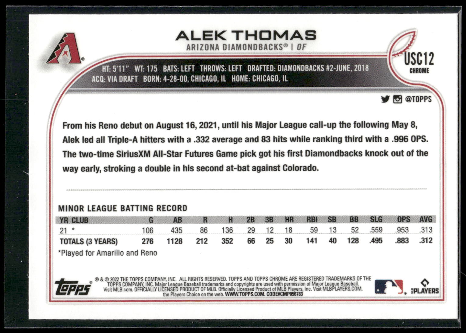 2022 Topps Chrome Update #USC12 Alek Thomas