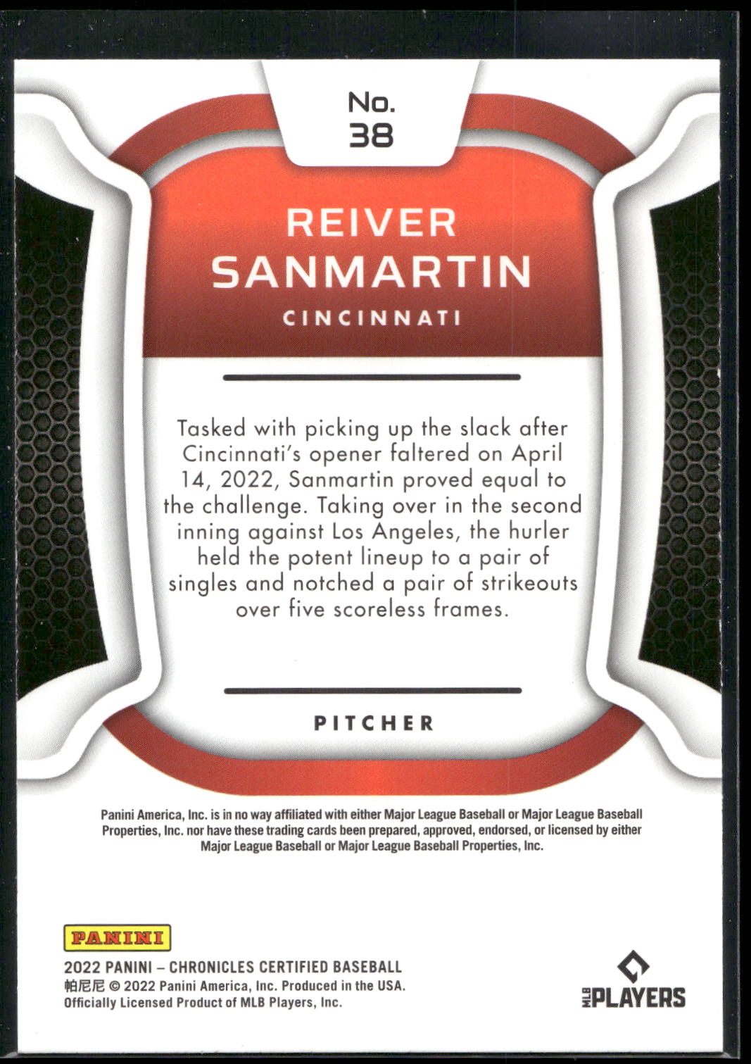 2022 Panini Chronicles #38 Reiver Sanmartin Certified