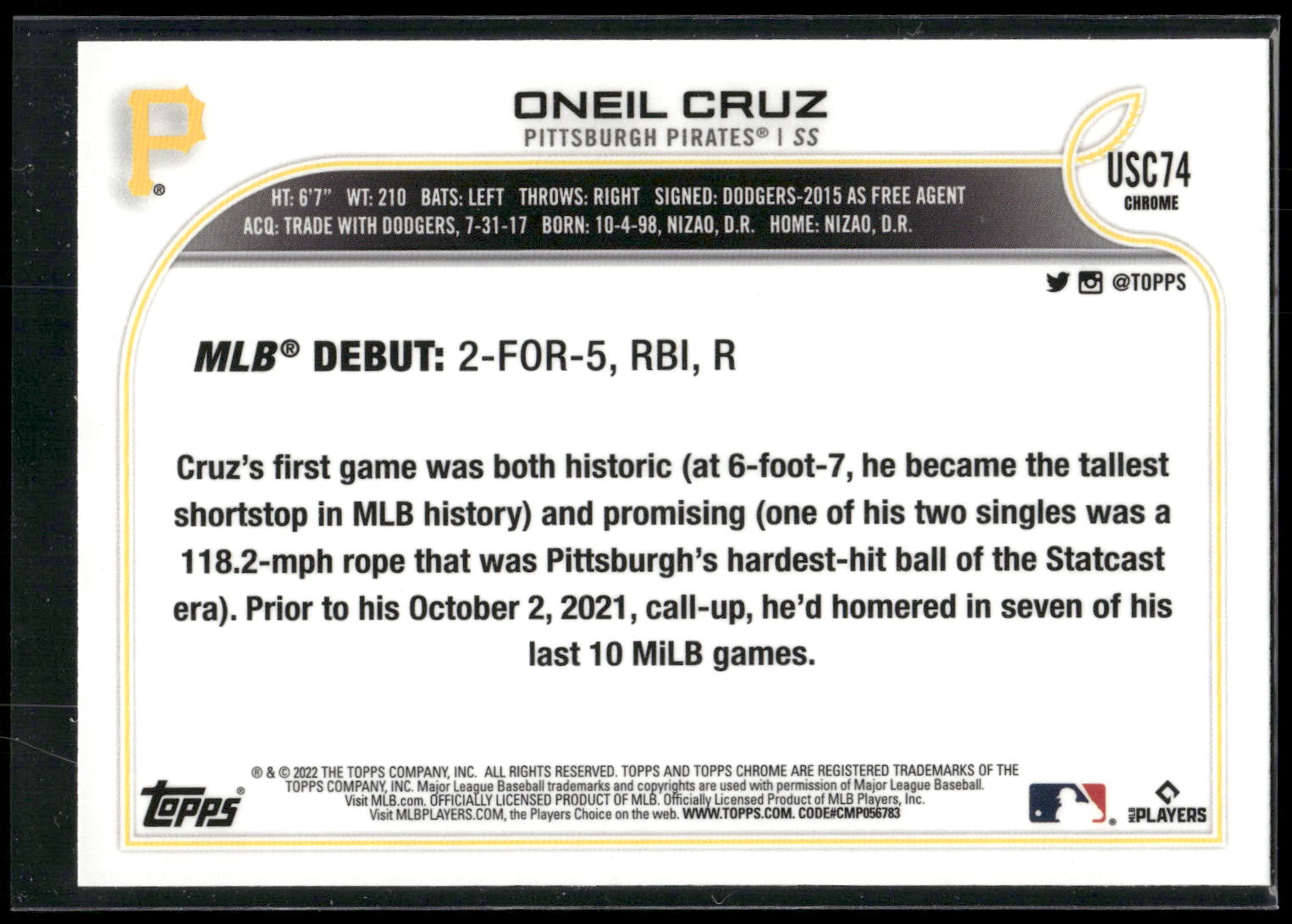 2022 Topps Chrome Update #USC74 Oneil Cruz