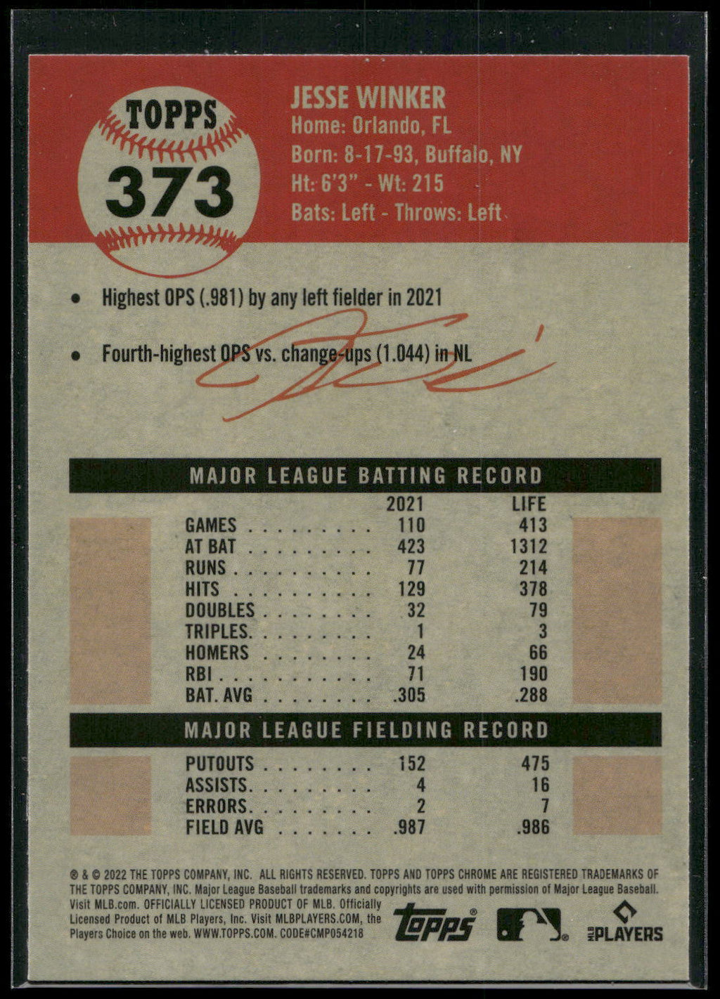 2022 Topps Chrome Platinum Anniversary #373 Jesse Winker